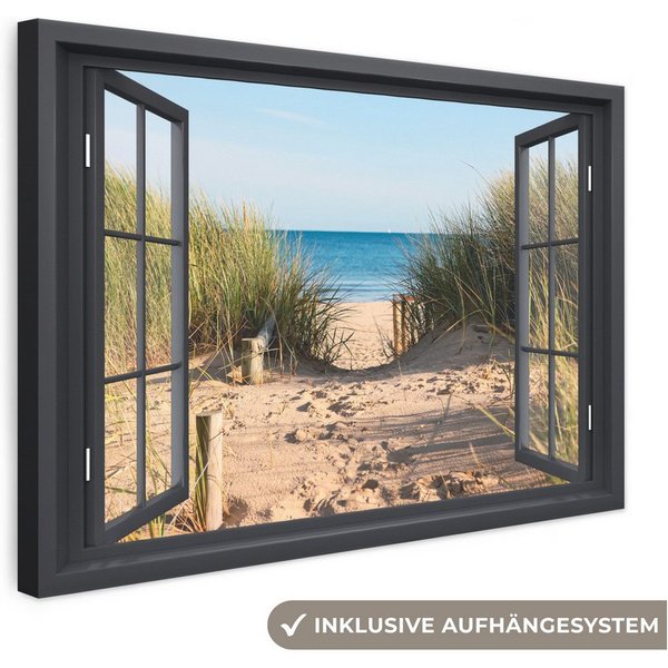 OneMillionCanvasses® Leinwandbild Durchblick - Strand - Meer - Sand - Wasser - Strandhafer - Dünen, Fotodruck (1 St), Leinwand Bilder Klein, Wand Dekoration Aes