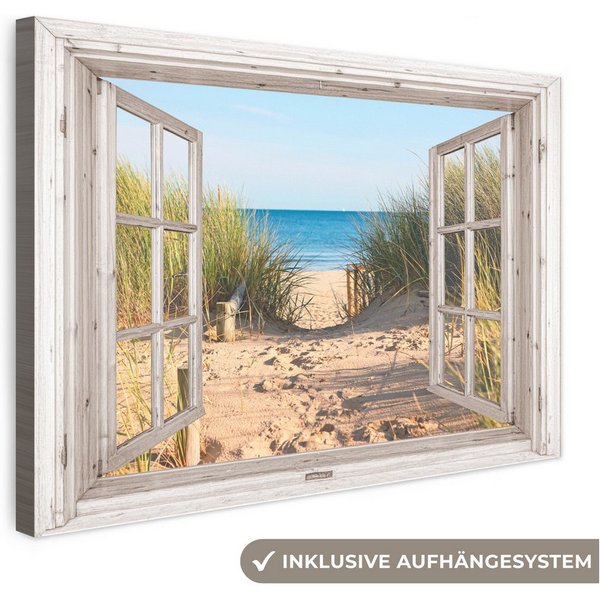 OneMillionCanvasses® Leinwandbild Durchblick - Strand - Meer - Dünen - Sand - Wasser - Hochgras, Fotodruck (1 St), Leinwand Bilder Klein, Wand Dekoration Aesthe