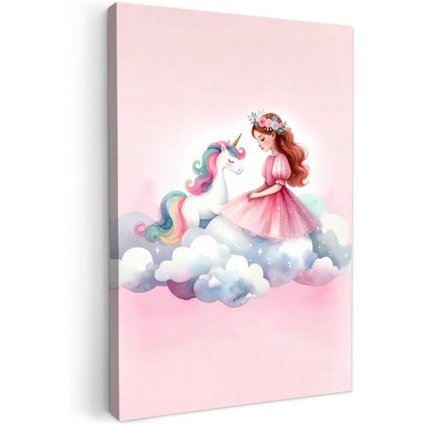 OneMillionCanvasses® Leinwandbild Einhorn - Prinzessin - Einhorn - Rosa - Wolken, Fotodruck (1 St), Kinderzimmer Deko, Mädchen und Jungen Bilder 20x30 cm