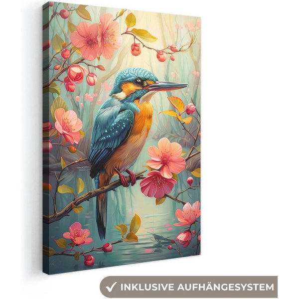 OneMillionCanvasses® Leinwandbild Eisvogel - Blüte - Natur - Vögel - Blumen, Fotodruck (1 St), Leinwand Canvas Wandbild, Wanddekoration 20x30 cm