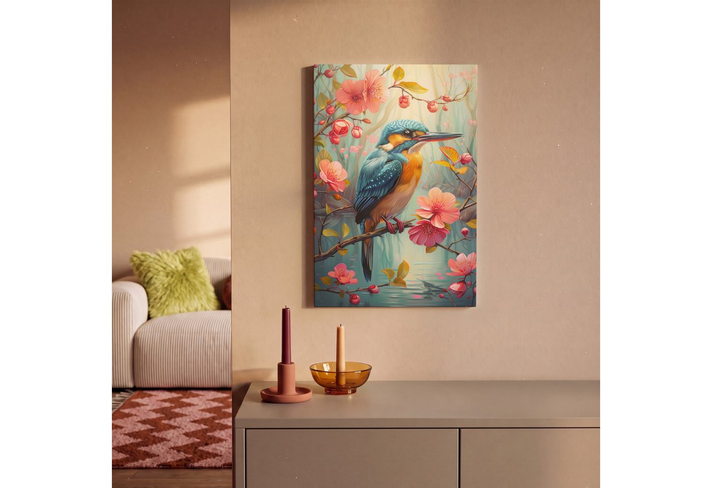OneMillionCanvasses® Leinwandbild Eisvogel - Blüte - Natur - Vögel - Blumen, Fotodruck (1 St), Leinwand Canvas Wandbild, Wanddekoration 20x30 cm – Bild 2 von 5