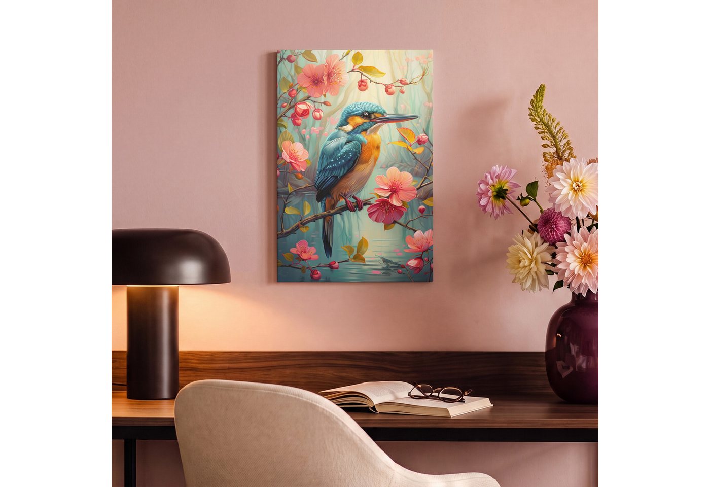OneMillionCanvasses® Leinwandbild Eisvogel - Blüte - Natur - Vögel - Blumen, Fotodruck (1 St), Leinwand Canvas Wandbild, Wanddekoration 20x30 cm – Bild 4 von 5