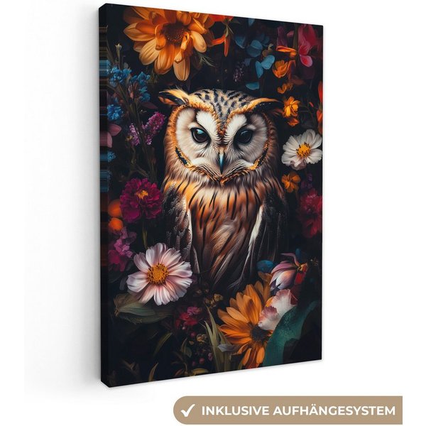 OneMillionCanvasses® Leinwandbild Eule - Blumen - Farbenfroh - Natur, Fotodruck (1 St), Leinwand Bilder Klein, Wand Dekoration Aesthetic 30x20 cm