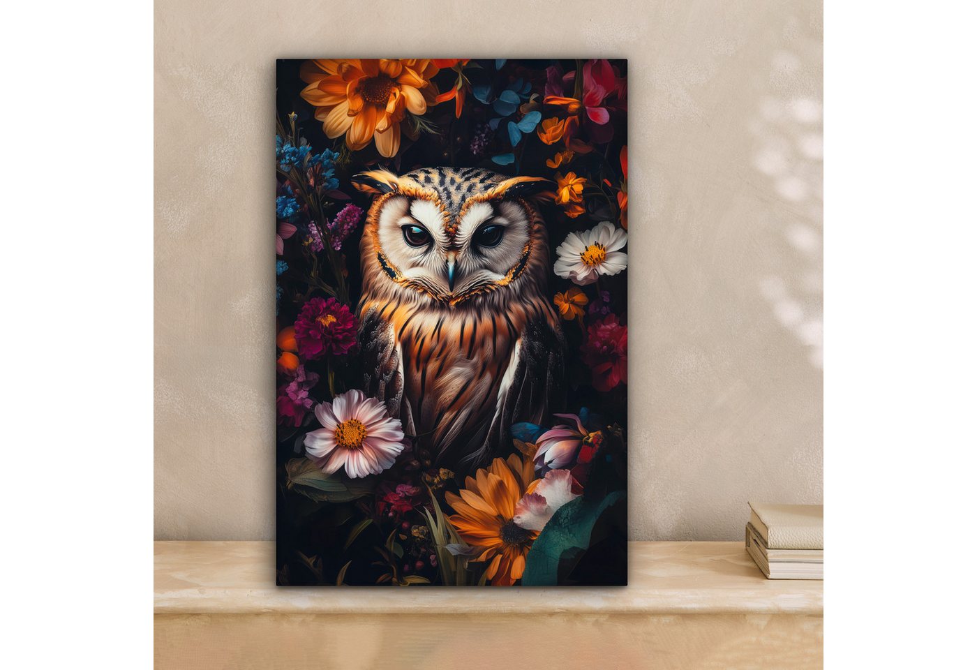 OneMillionCanvasses® Leinwandbild Eule - Blumen - Farbenfroh - Natur, Fotodruck (1 St), Leinwand Bilder Klein, Wand Dekoration Aesthetic 30x20 cm – Bild 2 von 5