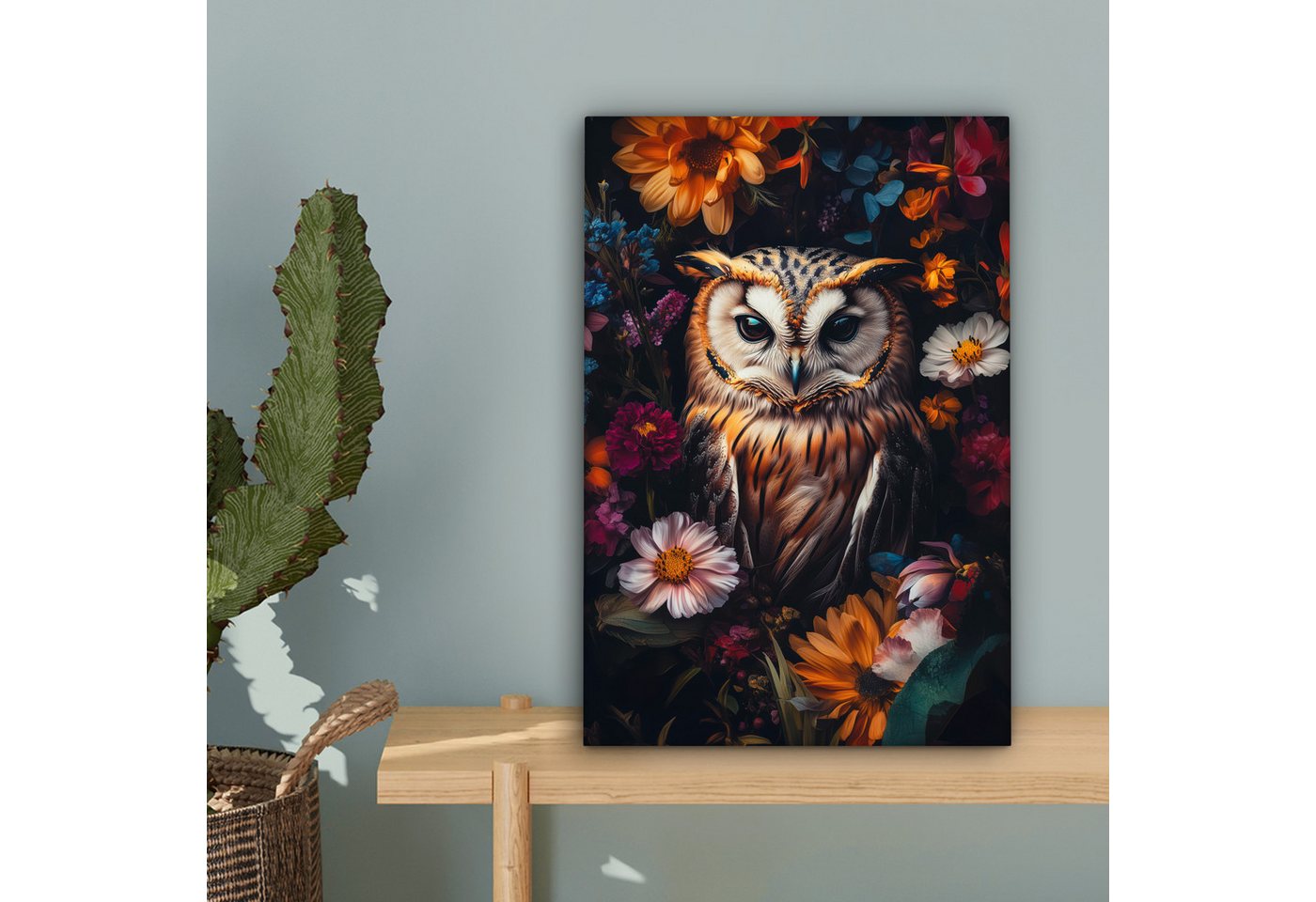 OneMillionCanvasses® Leinwandbild Eule - Blumen - Farbenfroh - Natur, Fotodruck (1 St), Leinwand Bilder Klein, Wand Dekoration Aesthetic 30x20 cm – Bild 3 von 5
