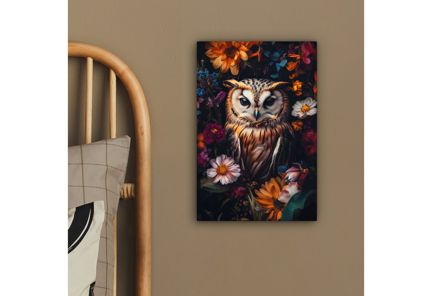 OneMillionCanvasses® Leinwandbild Eule - Blumen - Farbenfroh - Natur, Fotodruck (1 St), Leinwand Bilder Klein, Wand Dekoration Aesthetic 30x20 cm – Bild 4 von 5