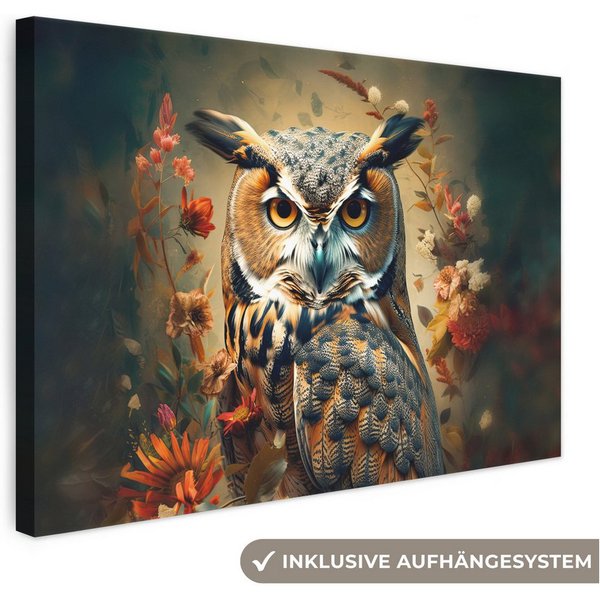 OneMillionCanvasses® Leinwandbild Eule - Vogel - Blumen - Botanisch, Fotodruck (1 St), Leinwand Canvas Wandbild, Wanddekoration 20x30 cm