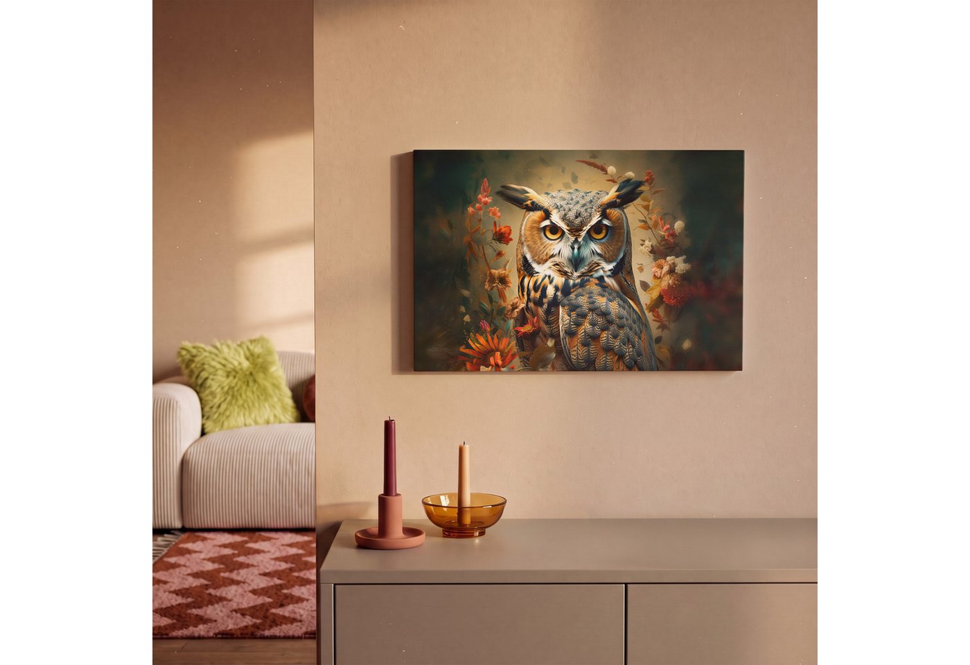 OneMillionCanvasses® Leinwandbild Eule - Vogel - Blumen - Botanisch, Fotodruck (1 St), Leinwand Canvas Wandbild, Wanddekoration 20x30 cm – Bild 2 von 5
