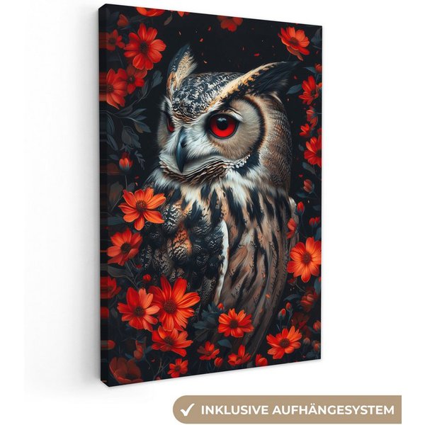 OneMillionCanvasses® Leinwandbild Eule - Waldtiere - Rote Blumen - Natur, Fotodruck (1 St), Leinwand Canvas Wandbild, Wanddekoration 20x30 cm