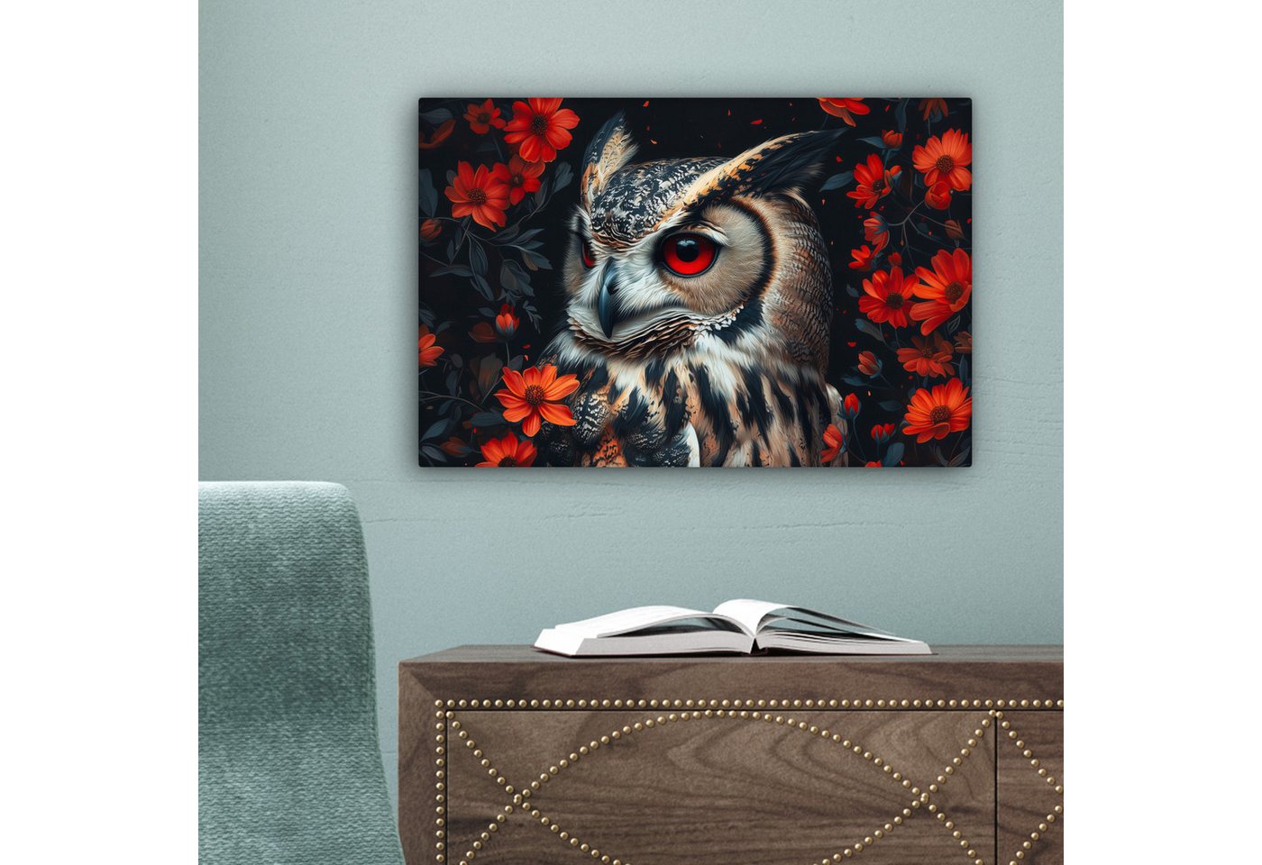 OneMillionCanvasses® Leinwandbild Eule - Waldtiere - Rote Blumen - Natur, Fotodruck (1 St), Leinwand Canvas Wandbild, Wanddekoration 20x30 cm – Bild 3 von 5