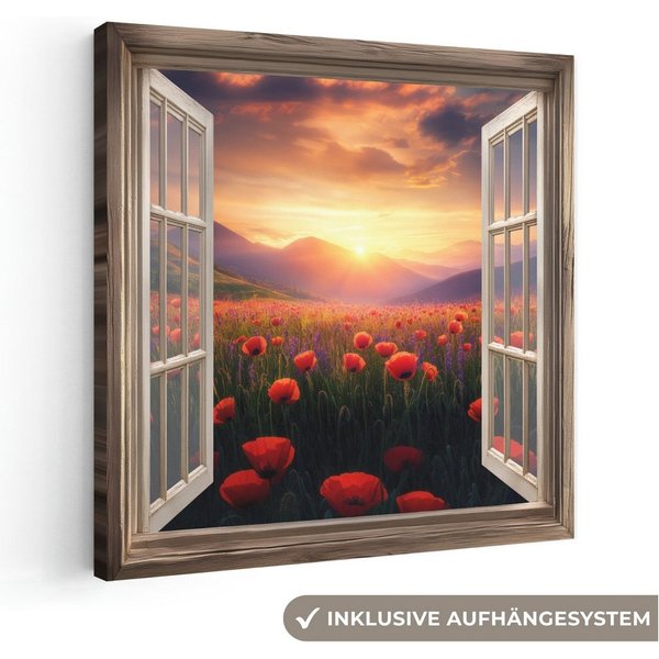 OneMillionCanvasses® Leinwandbild Fensterblick - Fenster - Mohnblumen - Blumen - Rot - Offenes Fenster, Fotodruck (1 St), Leinwand Canvas Wandbild, Wanddekorati