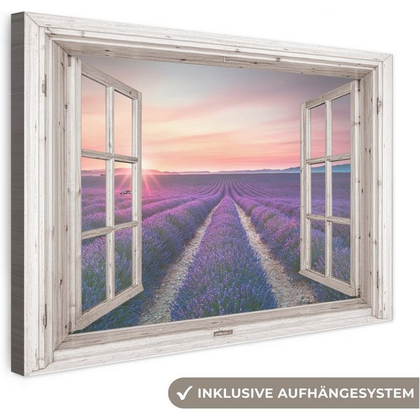 OneMillionCanvasses® Leinwandbild Fensterblick - Fenster - Lavendel - Blumen - Holz - Sonnenuntergang -, Fotodruck (1 St), Leinwand Bilder Klein, Wand Dekoratio