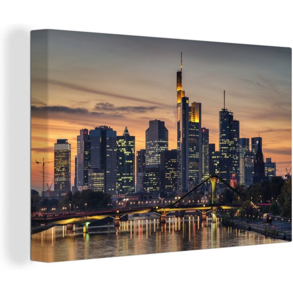 OneMillionCanvasses® Leinwandbild Frankfurter Skyline bei Sonnenuntergang vom Main aus, Deutschland, Fotodruck (1 St), Leinwand Bilder Klein, Wand Dekoration Ae