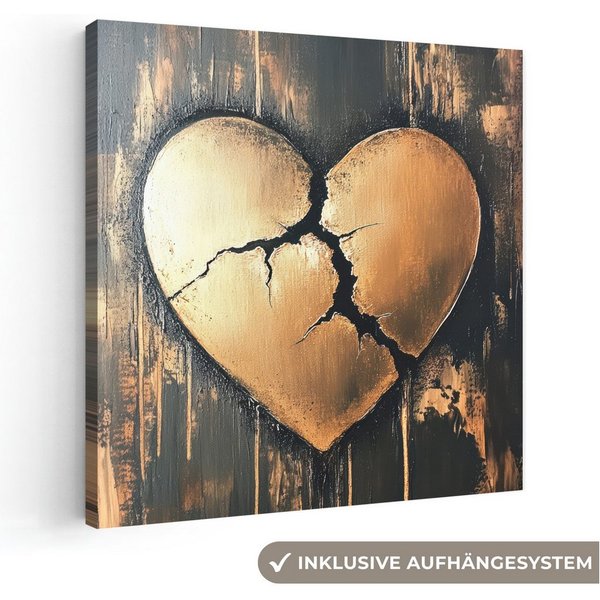 OneMillionCanvasses® Leinwandbild Gebrochenes Herz - Gold - Holzoptik - Liebe, Fotodruck (1 St), Leinwand Bilder Klein, Wand Dekoration Aesthetic 30x20 cm