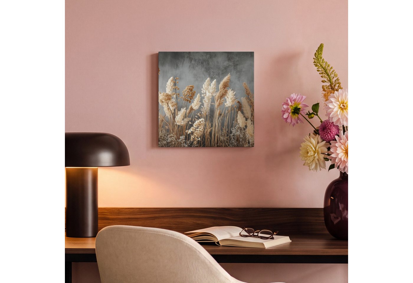 OneMillionCanvasses® Leinwandbild Getrocknete Feldblumen - Grau - Beton, Fotodruck (1 St), Leinwand Bilder Klein, Wand Dekoration Aesthetic 30x20 cm – Bild 4 von 5