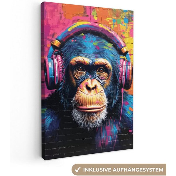 OneMillionCanvasses® Leinwandbild Graffiti - Schimpanse - Straßenkunst - Kopfhörer - Affe, Fotodruck (1 St), Leinwand Canvas Wandbild, Wanddekoration 20x30 cm