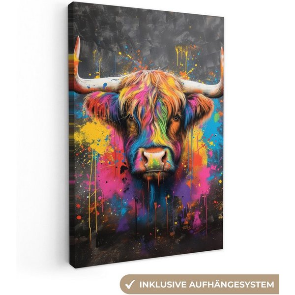 OneMillionCanvasses® Leinwandbild Graffiti - Schottische Highlander - Kuh - Bunt, Fotodruck (1 St), Leinwand Bilder Klein, Wand Dekoration Aesthetic 30x20 cm