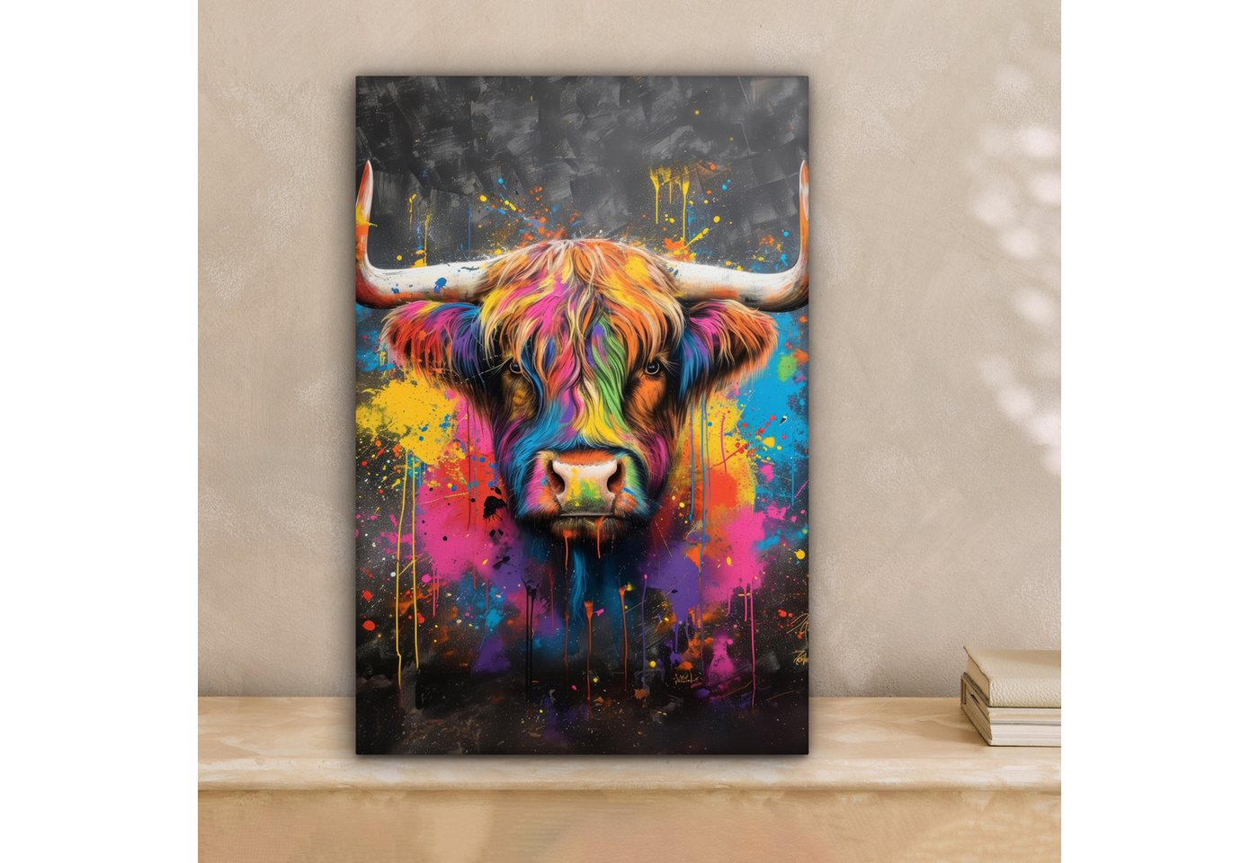 OneMillionCanvasses® Leinwandbild Graffiti - Schottische Highlander - Kuh - Bunt, Fotodruck (1 St), Leinwand Bilder Klein, Wand Dekoration Aesthetic 30x20 cm – Bild 2 von 5
