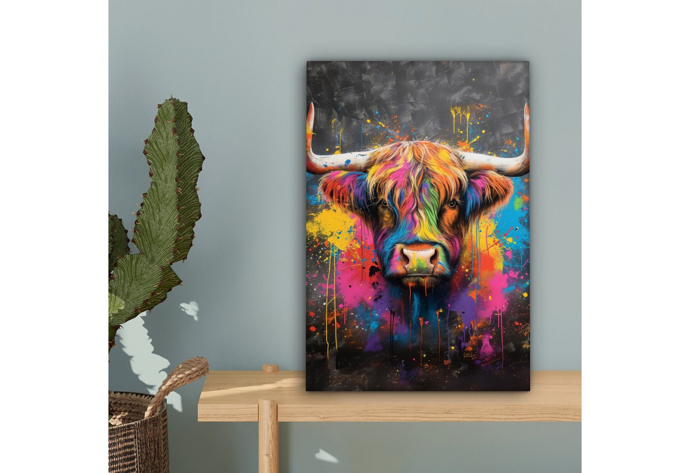 OneMillionCanvasses® Leinwandbild Graffiti - Schottische Highlander - Kuh - Bunt, Fotodruck (1 St), Leinwand Bilder Klein, Wand Dekoration Aesthetic 30x20 cm – Bild 3 von 5