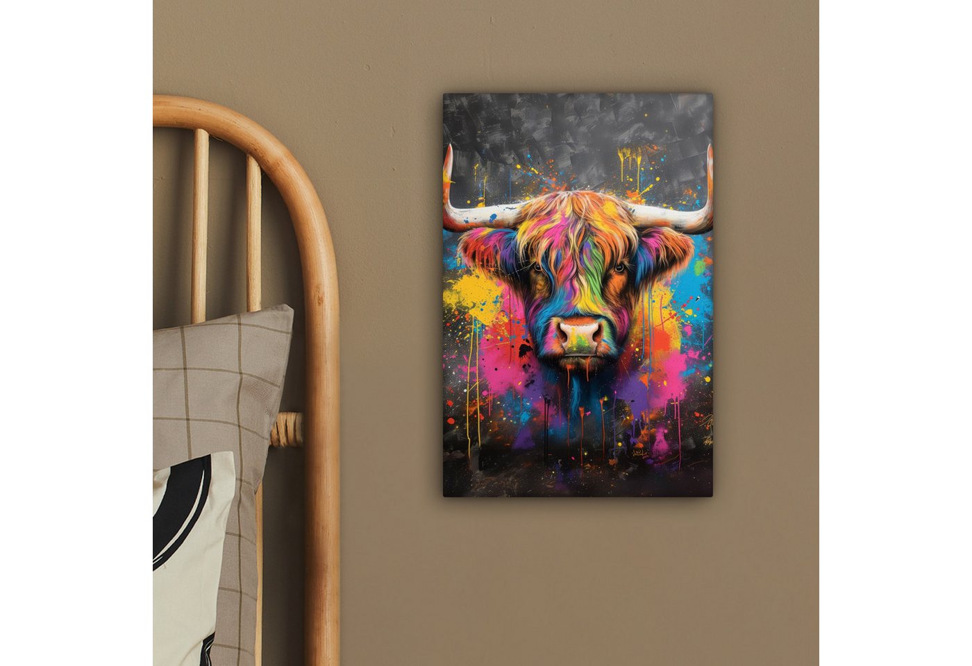 OneMillionCanvasses® Leinwandbild Graffiti - Schottische Highlander - Kuh - Bunt, Fotodruck (1 St), Leinwand Bilder Klein, Wand Dekoration Aesthetic 30x20 cm – Bild 4 von 5
