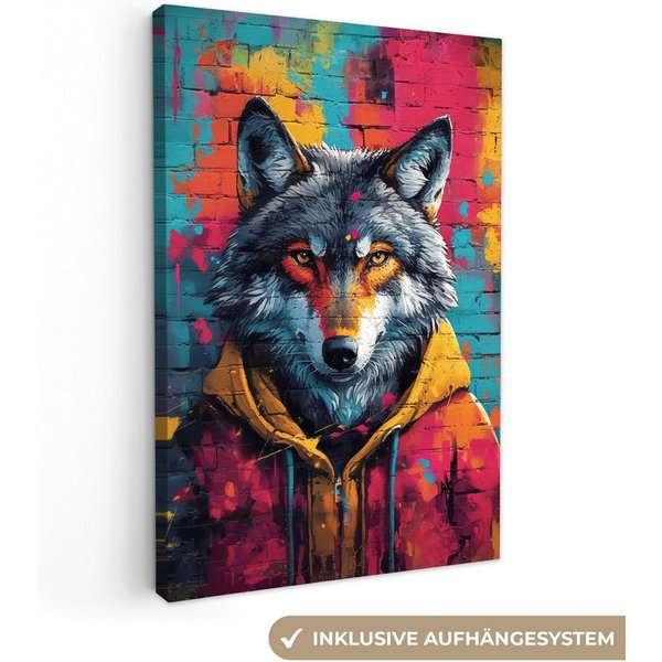 OneMillionCanvasses® Leinwandbild Graffiti - Wolf - Straßenkunst - Blau, Fotodruck (1 St), Wandbild, Deko Schlafzimmer Wohnzimmer Flur 20x20 cm