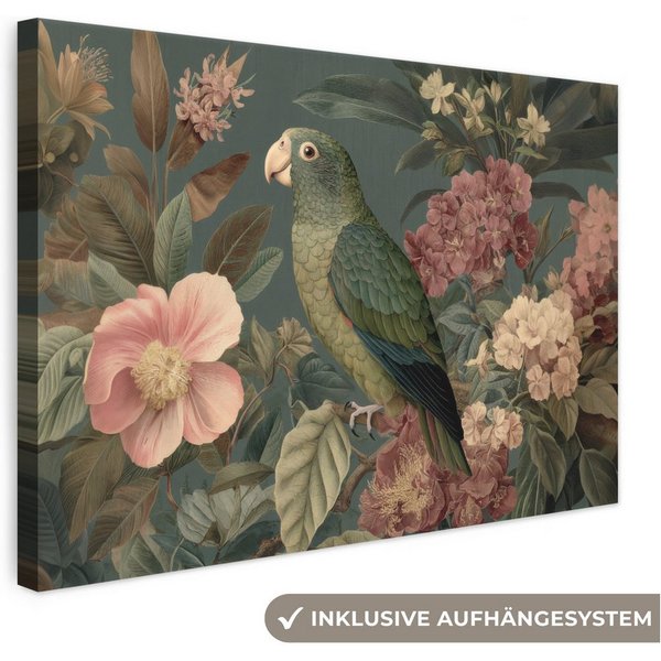 OneMillionCanvasses® Leinwandbild Grüner Papagei - Bunte Blumen - Dunkler Hintergrund, Fotodruck (1 St), Wandbild, Deko Schlafzimmer Wohnzimmer Flur 20x20 cm