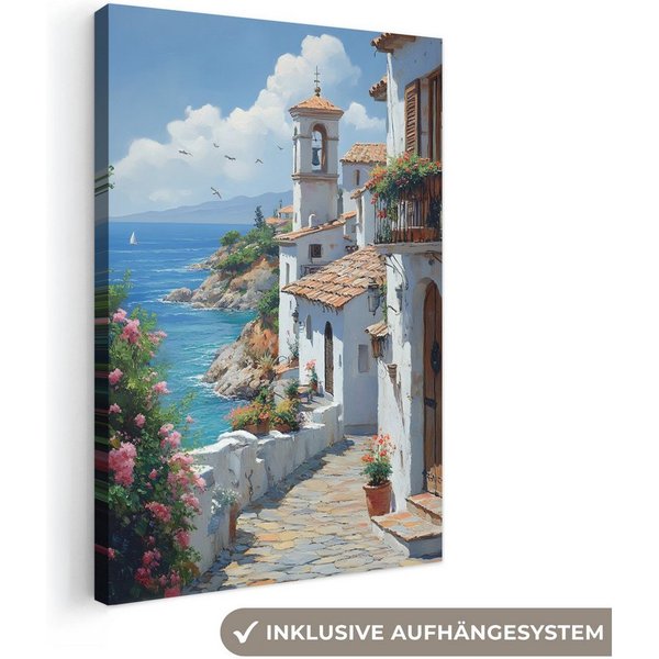 OneMillionCanvasses® Leinwandbild Häuser - Meer - Bäume - Blumen, Fotodruck (1 St), Wandbild, Deko Schlafzimmer Wohnzimmer Flur 20x20 cm