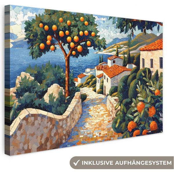 OneMillionCanvasses® Leinwandbild Häuser - Mosaik - Orangenbäume - Meer, Fotodruck (1 St), Leinwand Bilder Klein, Wand Dekoration Aesthetic 30x20 cm