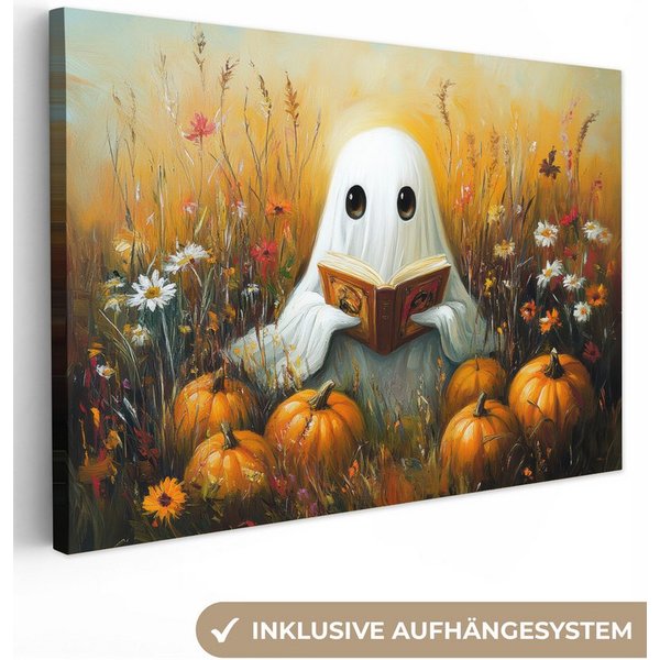 OneMillionCanvasses® Leinwandbild Halloween - Geist - Herbst - Kürbis - Blumen - Natur, Fotodruck (1 St), Leinwand Canvas Wandbild, Wanddekoration 20x30 cm