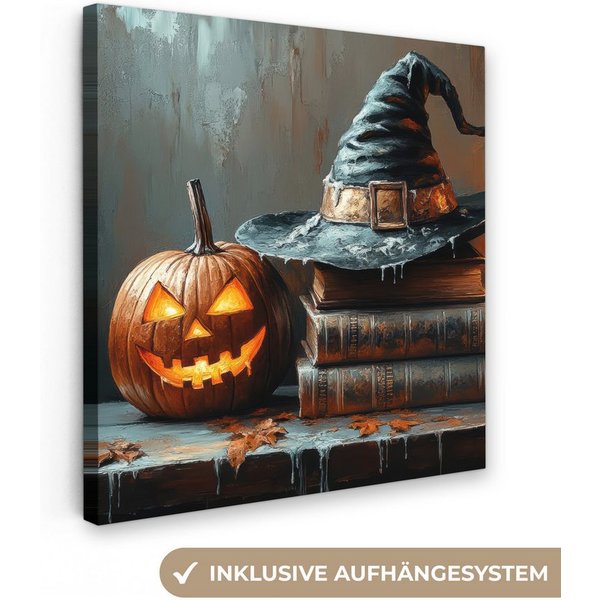 OneMillionCanvasses® Leinwandbild Halloween - Stillleben - Hexenhut - Kürbis - Hexe, Fotodruck (1 St), Leinwand Canvas Wandbild, Wanddekoration 20x30 cm