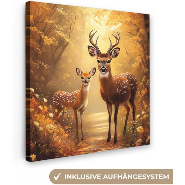 OneMillionCanvasses® Leinwandbild Herbst - Wald - Hirsche - Tiere - Natur - Braun, Fotodruck (1 St), Wandbild, Deko Schlafzimmer Wohnzimmer Flur 20x20 cm