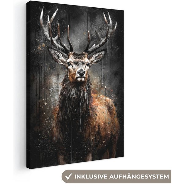 OneMillionCanvasses® Leinwandbild Hirsch - Schwarz - Tier - Hirschkopf, Fotodruck (1 St), Leinwand Canvas Wandbild, Wanddekoration 20x30 cm