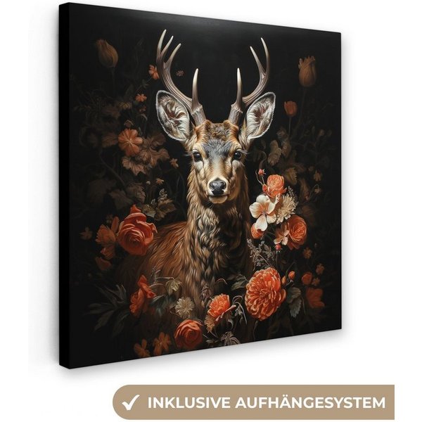 OneMillionCanvasses® Leinwandbild Hirsch - Tier - Blumen - Natur - Botanisch, Fotodruck (1 St), Leinwand Canvas Wandbild, Wanddekoration 20x30 cm