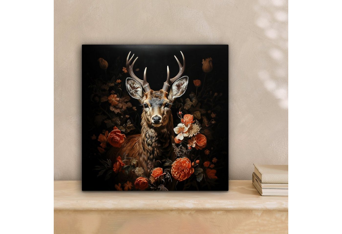 OneMillionCanvasses® Leinwandbild Hirsch - Tier - Blumen - Natur - Botanisch, Fotodruck (1 St), Leinwand Canvas Wandbild, Wanddekoration 20x30 cm – Bild 2 von 5