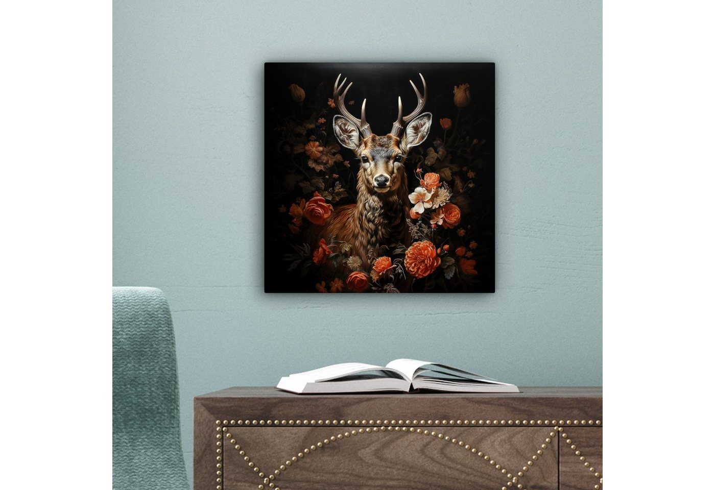 OneMillionCanvasses® Leinwandbild Hirsch - Tier - Blumen - Natur - Botanisch, Fotodruck (1 St), Leinwand Canvas Wandbild, Wanddekoration 20x30 cm – Bild 3 von 5
