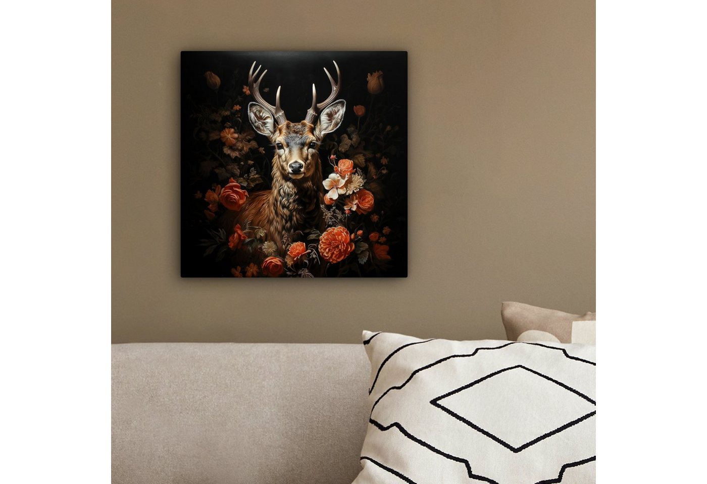 OneMillionCanvasses® Leinwandbild Hirsch - Tier - Blumen - Natur - Botanisch, Fotodruck (1 St), Leinwand Canvas Wandbild, Wanddekoration 20x30 cm – Bild 4 von 5