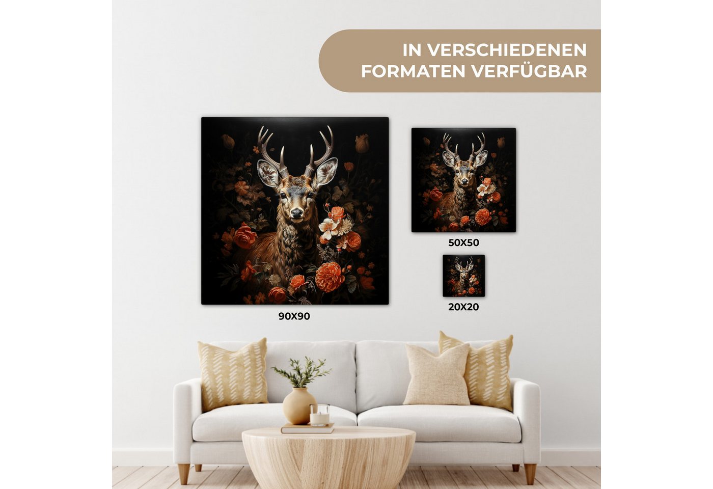 OneMillionCanvasses® Leinwandbild Hirsch - Tier - Blumen - Natur - Botanisch, Fotodruck (1 St), Leinwand Canvas Wandbild, Wanddekoration 20x30 cm – Bild 5 von 5