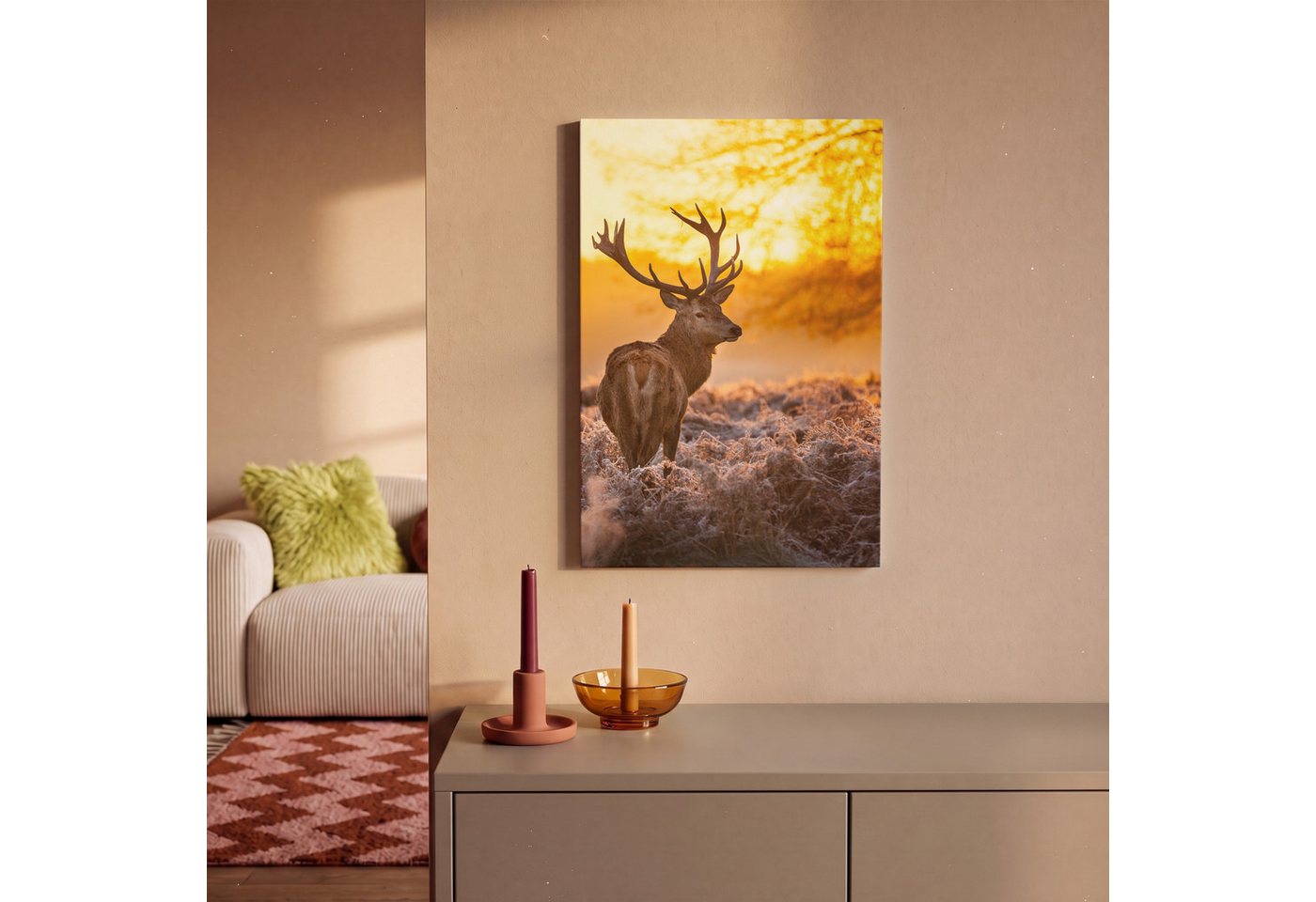 OneMillionCanvasses® Leinwandbild Hirsche - Tiere - Sonnenuntergang - Winter - Heidekraut - Natur, Fotodruck (1 St), Leinwand Canvas Wandbild, Wanddekoration 20 – Bild 2 von 5