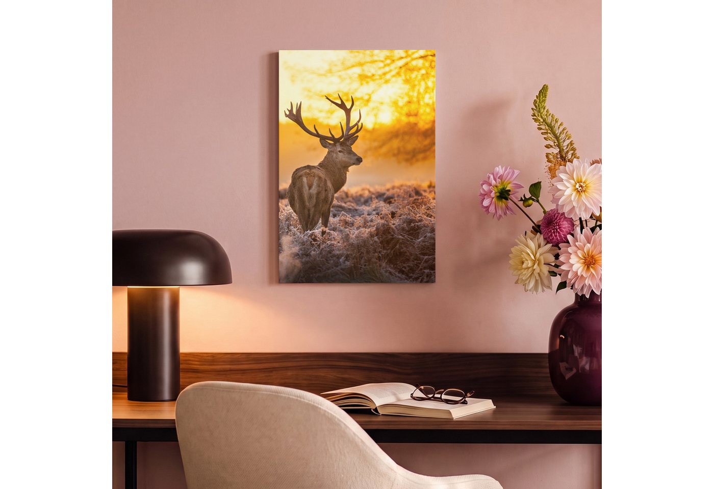 OneMillionCanvasses® Leinwandbild Hirsche - Tiere - Sonnenuntergang - Winter - Heidekraut - Natur, Fotodruck (1 St), Leinwand Canvas Wandbild, Wanddekoration 20 – Bild 4 von 5