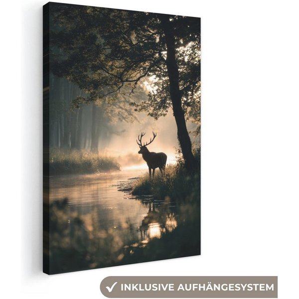 OneMillionCanvasses® Leinwandbild Hirsche - Waldbach - Mystisch, Fotodruck (1 St), Leinwand Canvas Wandbild, Wanddekoration 20x30 cm