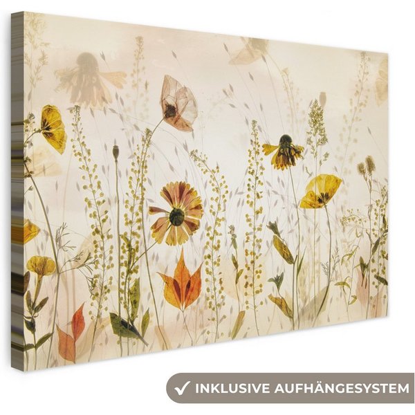 OneMillionCanvasses® Leinwandbild Illustration - Pflanzen - Insekten - Beige, Fotodruck (1 St), Wandbild, Deko Schlafzimmer Wohnzimmer Flur 20x20 cm
