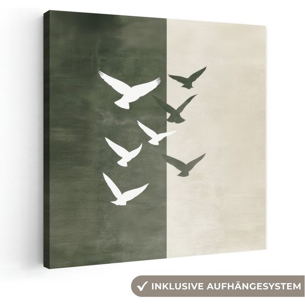 OneMillionCanvasses® Leinwandbild Japandi - Vogel - Grün, Fotodruck (1 St), Wandbild, Deko Schlafzimmer Wohnzimmer Flur 20x20 cm