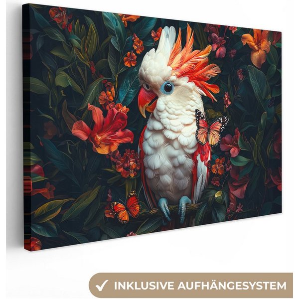OneMillionCanvasses® Leinwandbild Kakadu - Schmetterlinge - Blumen - Federn - Tier, Fotodruck (1 St), Leinwand Bilder Klein, Wand Dekoration Aesthetic 30x20 cm
