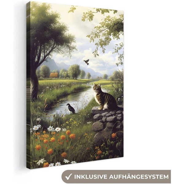 OneMillionCanvasses® Leinwandbild Katze - Bach - Wiese, Fotodruck (1 St), Leinwand Bilder Klein, Wand Dekoration Aesthetic 30x20 cm