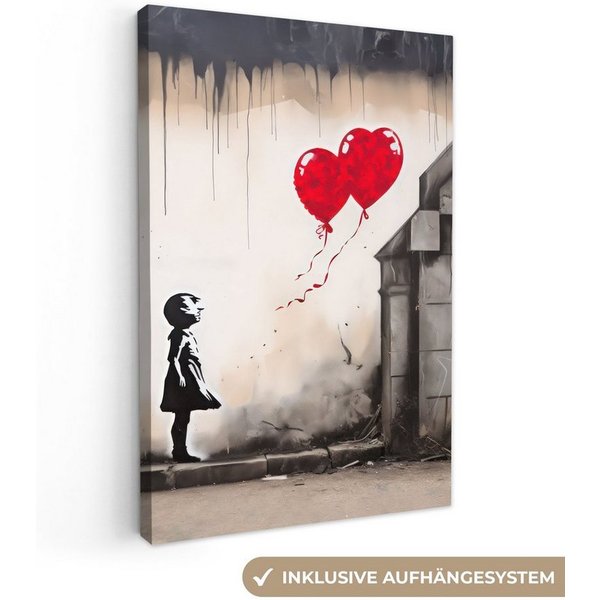 OneMillionCanvasses® Leinwandbild Kunst - Mädchen - Luftballons - Herz - Grau, Fotodruck (1 St), Wandbild, Deko Schlafzimmer Wohnzimmer Flur 20x20 cm