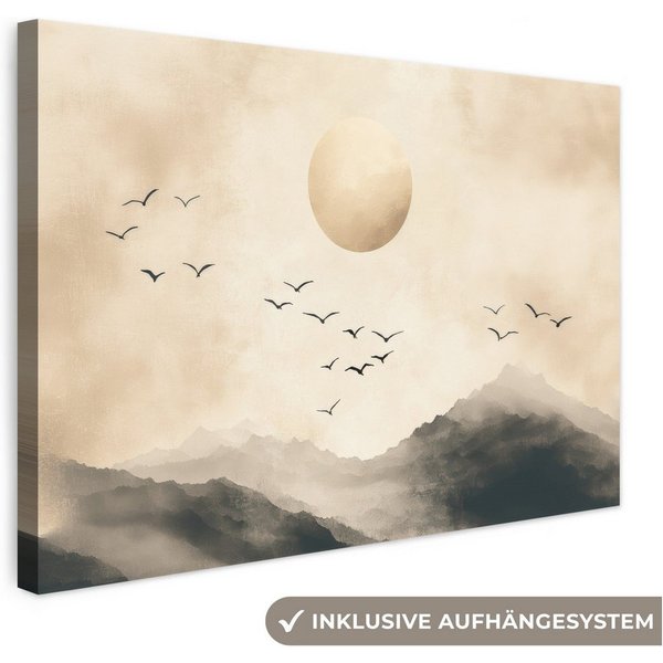 OneMillionCanvasses® Leinwandbild Landschaft - Japandi - Vogel, Fotodruck (1 St), Wandbild, Deko Schlafzimmer Wohnzimmer Flur 20x20 cm
