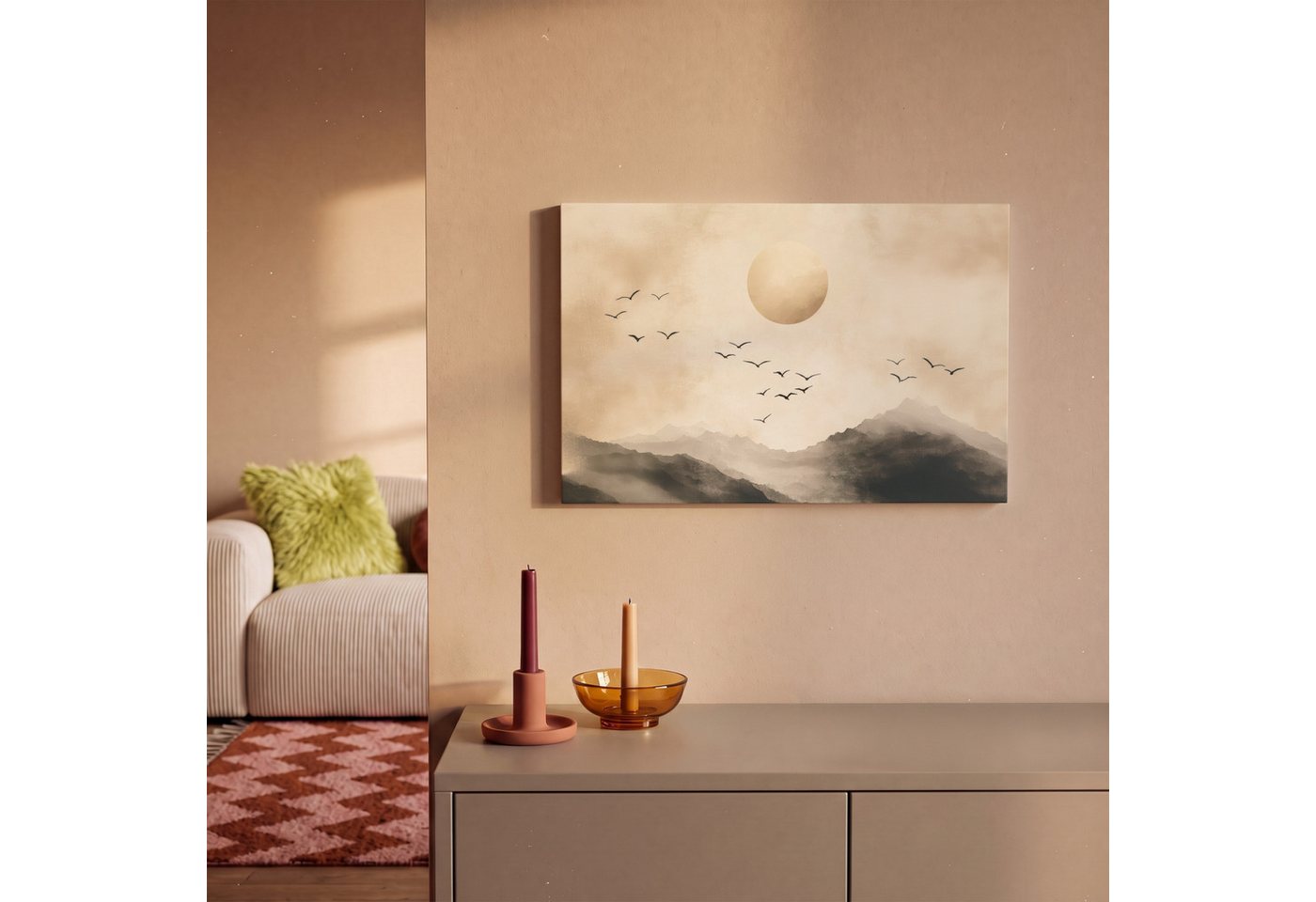 OneMillionCanvasses® Leinwandbild Landschaft - Japandi - Vogel, Fotodruck (1 St), Wandbild, Deko Schlafzimmer Wohnzimmer Flur 20x20 cm – Bild 2 von 5