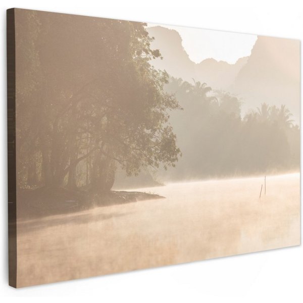 OneMillionCanvasses® Leinwandbild Landschaft - Wald - Wasser - Nebel - Beige, Fotodruck (1 St), Bilder für Badezimmer, Bad und Toiletten Deko, Bild WC 30x20 cm