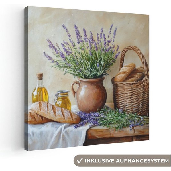 OneMillionCanvasses® Leinwandbild Lavendel - Brot - Stilleben, Fotodruck (1 St), Wandbild, Deko Schlafzimmer Wohnzimmer Flur 20x20 cm