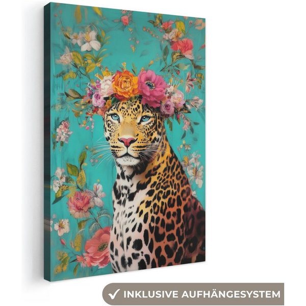 OneMillionCanvasses® Leinwandbild Leopard - Blumen - Krone, Fotodruck (1 St), Leinwand Canvas Wandbild, Wanddekoration 20x30 cm